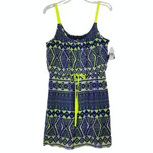 City Triangles Juniors NWT L Mini Strap Dress Lined Round Neck Navy Lime Casual